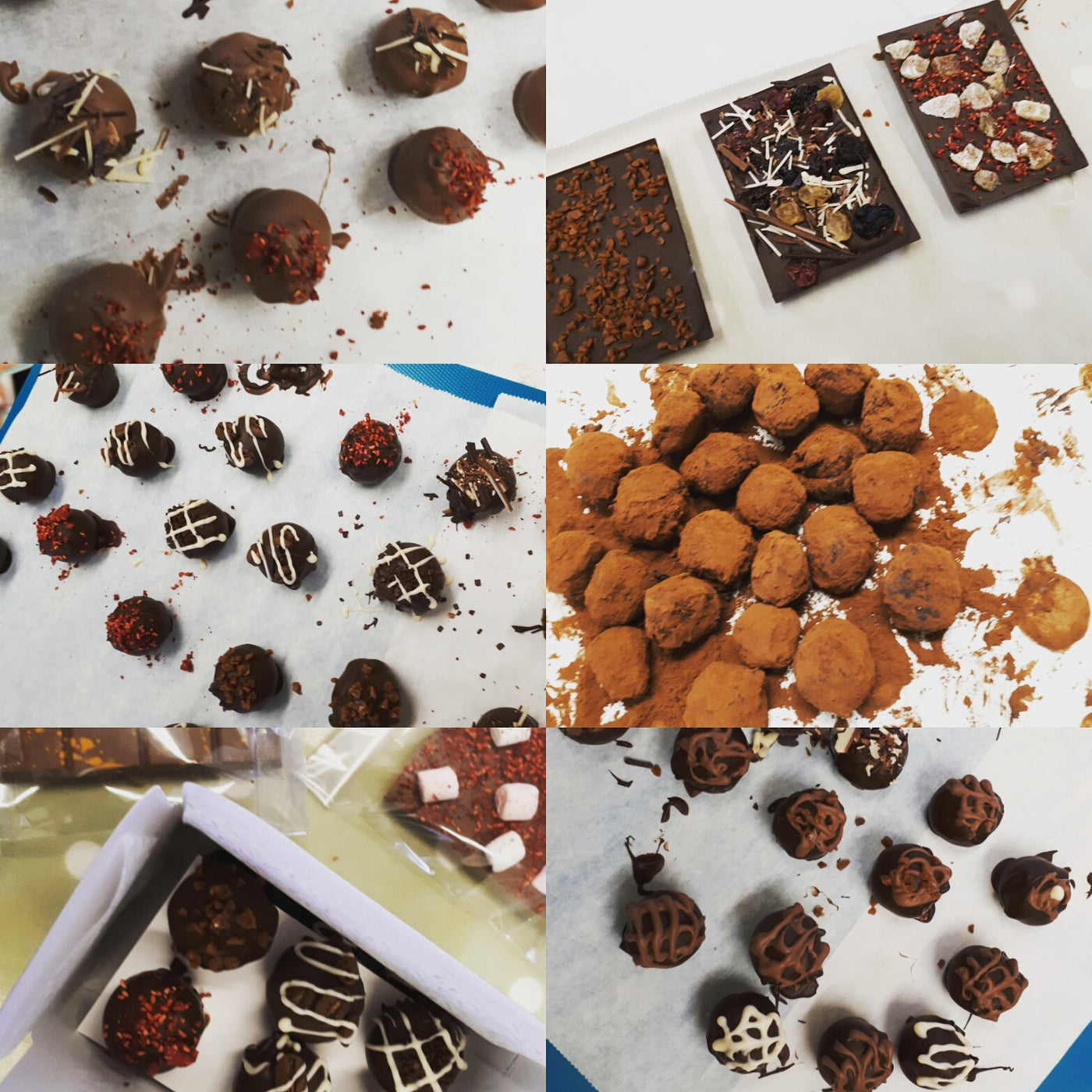 Collage of 6 photos - various chocolates and tablettes piped, dusted and sprinkled with different toppings